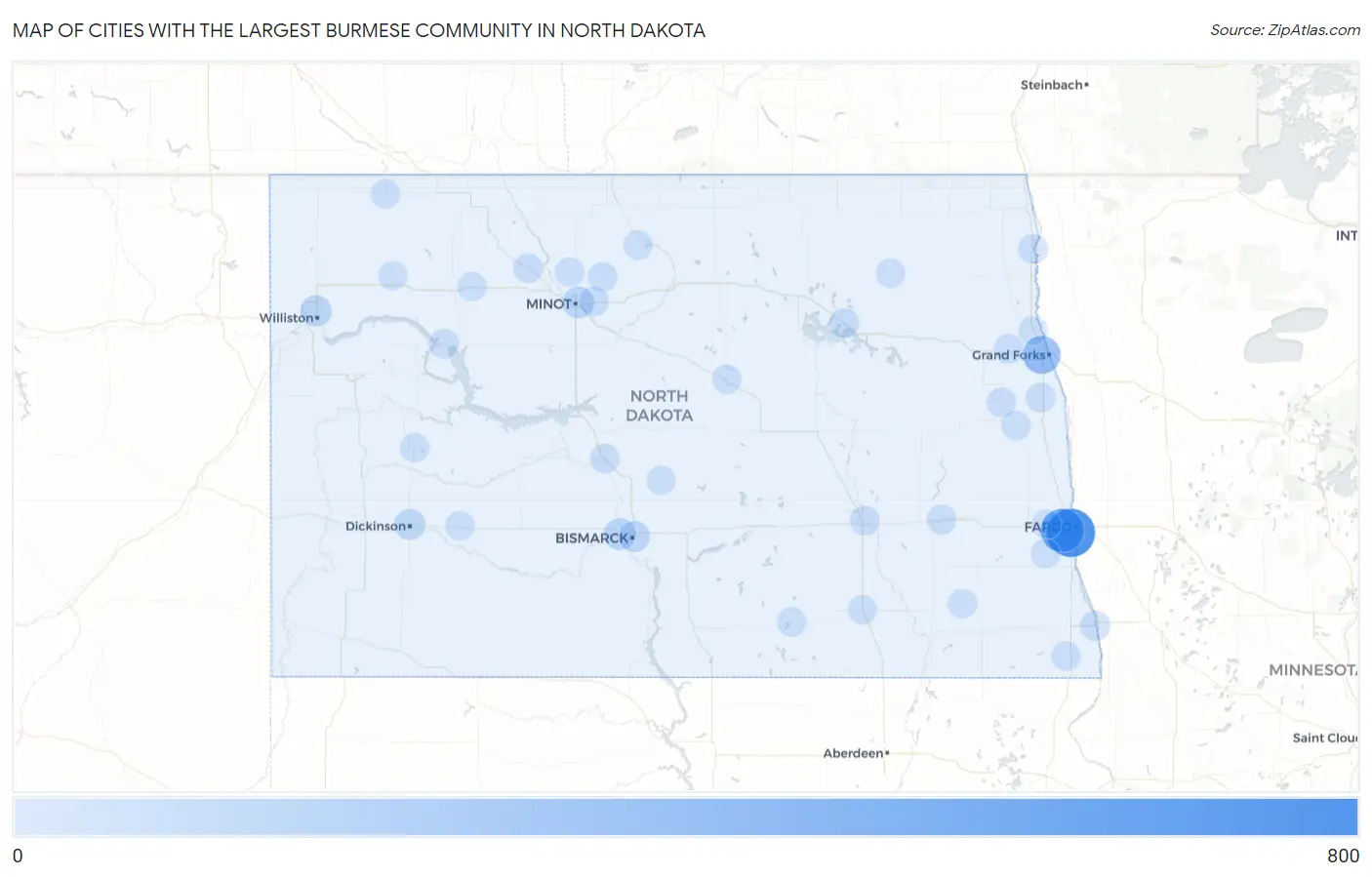 Cities with the Largest Burmese Community in North Dakota Map