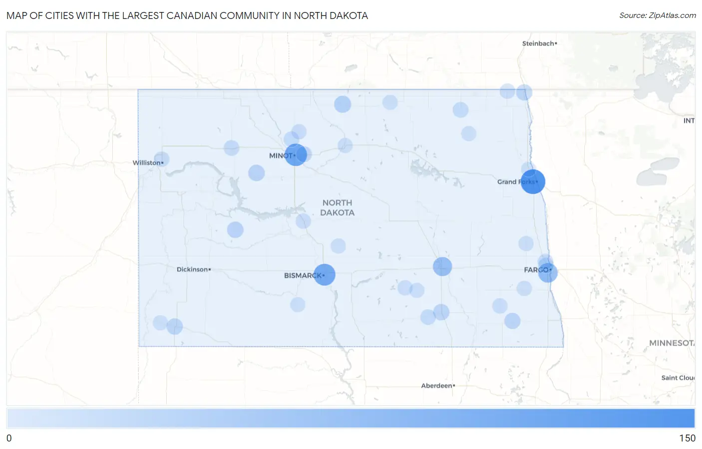 Cities with the Largest Canadian Community in North Dakota Map