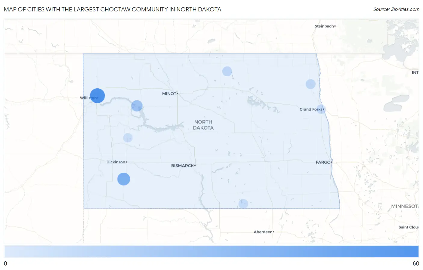 Cities with the Largest Choctaw Community in North Dakota Map