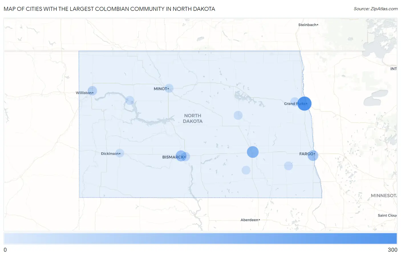 Cities with the Largest Colombian Community in North Dakota Map