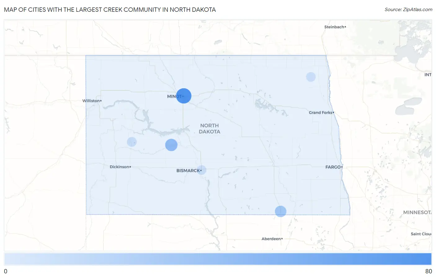 Cities with the Largest Creek Community in North Dakota Map