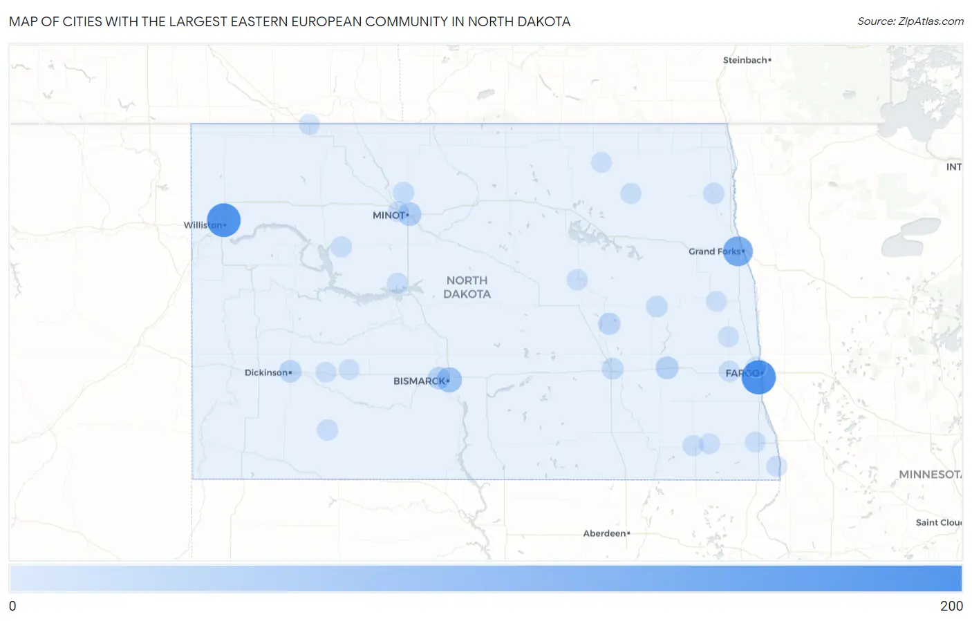 Cities with the Largest Eastern European Community in North Dakota Map
