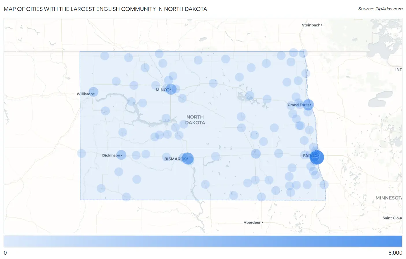 Cities with the Largest English Community in North Dakota Map