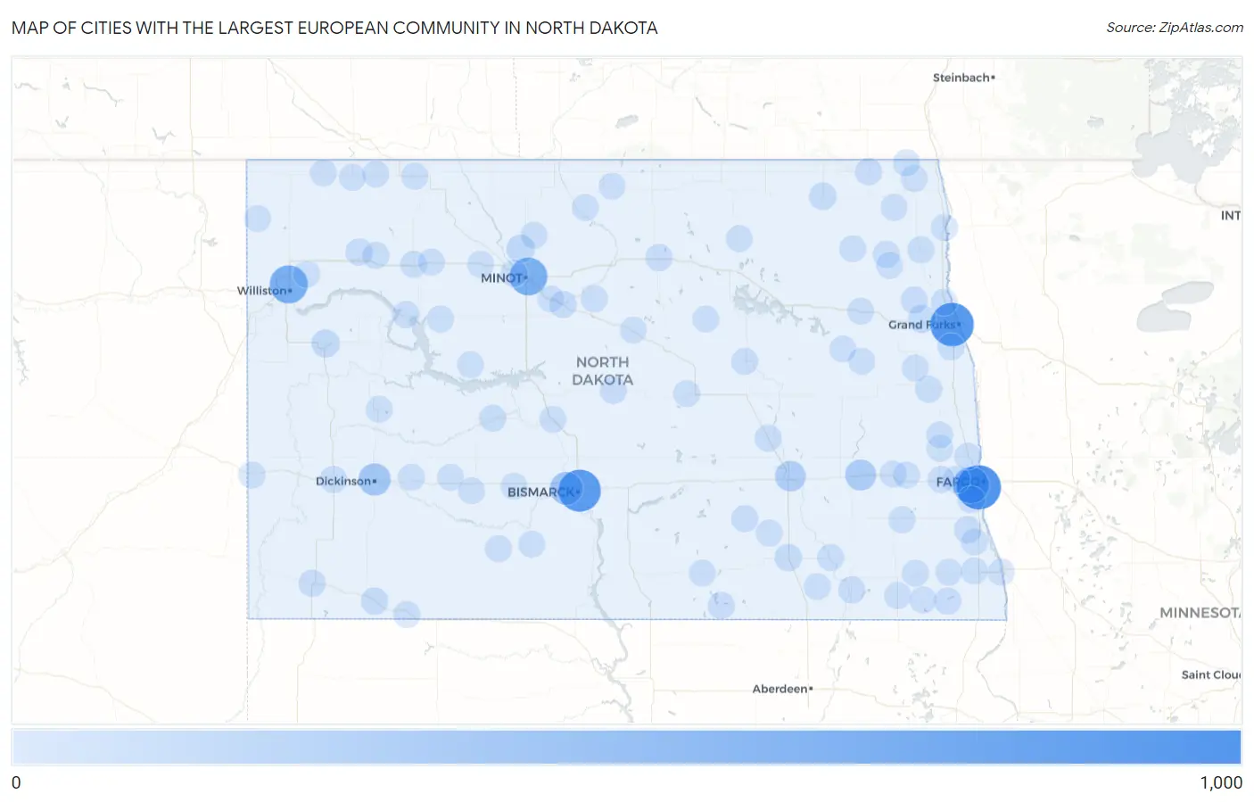 Cities with the Largest European Community in North Dakota Map