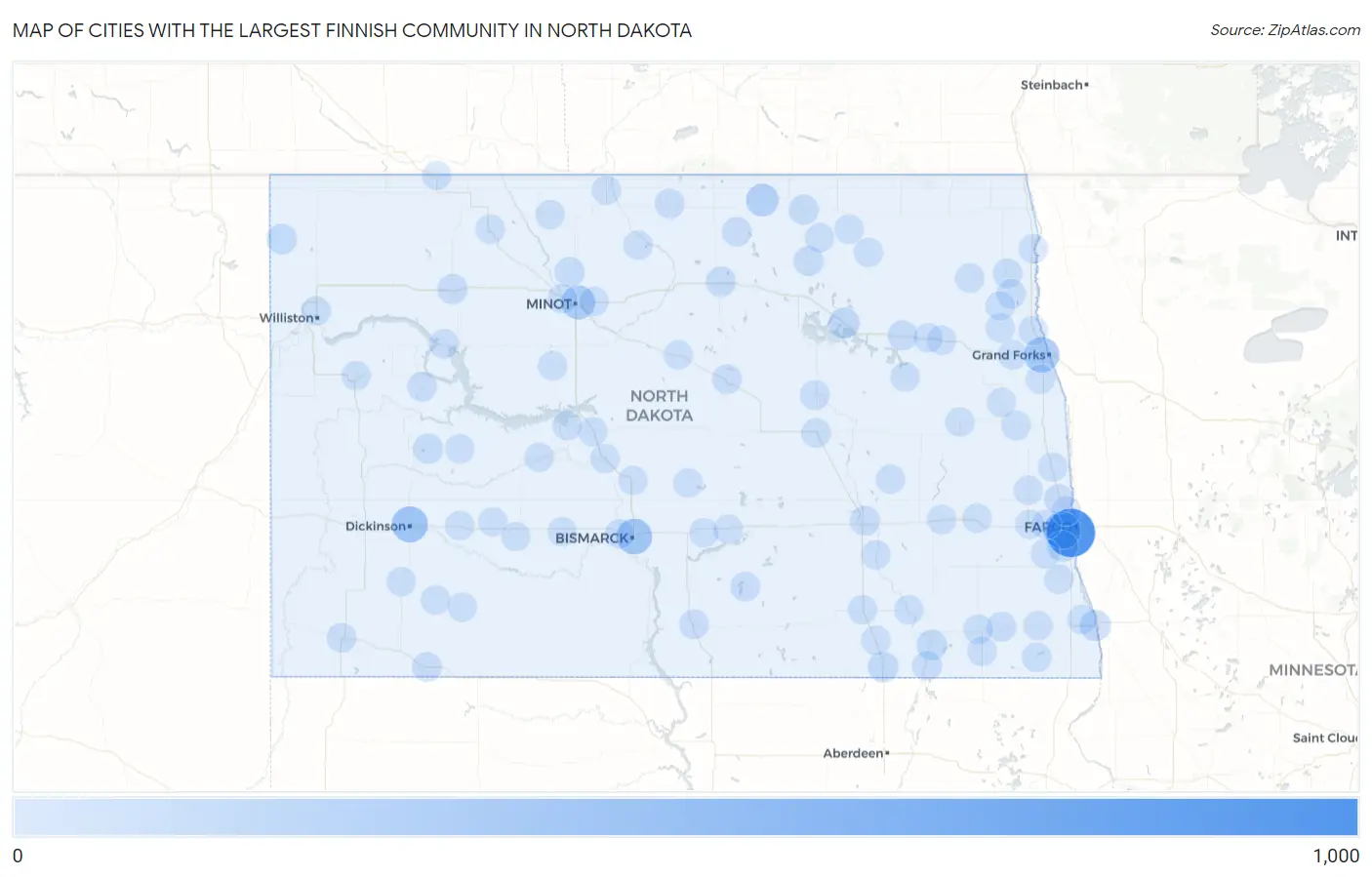 Cities with the Largest Finnish Community in North Dakota Map