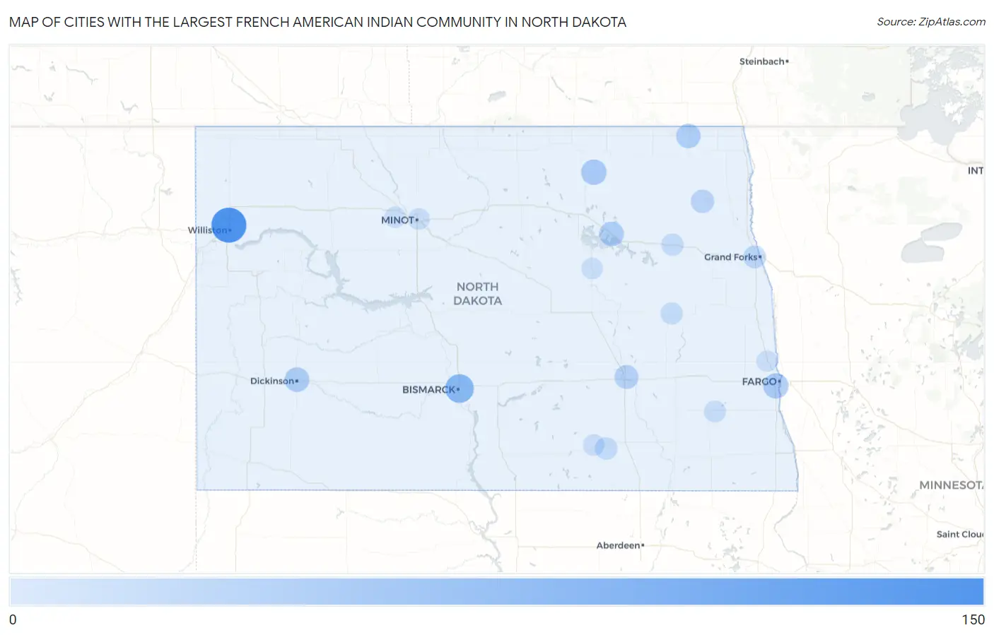 Cities with the Largest French American Indian Community in North Dakota Map