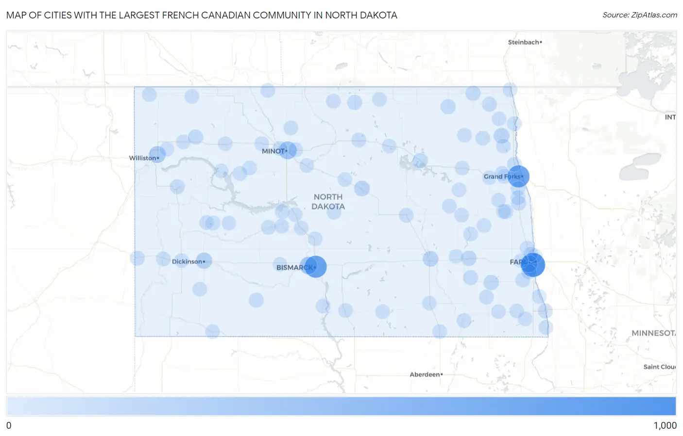Cities with the Largest French Canadian Community in North Dakota Map