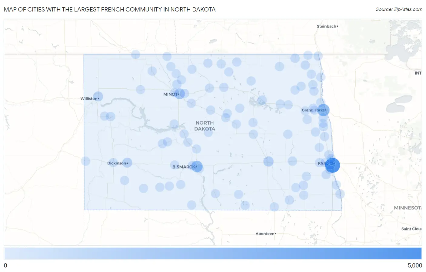Cities with the Largest French Community in North Dakota Map
