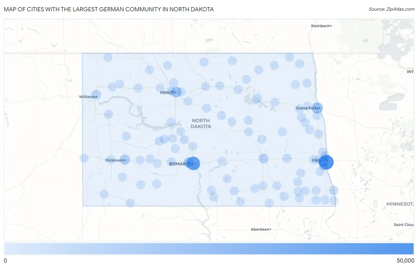 Cities with the Largest German Community in North Dakota Map