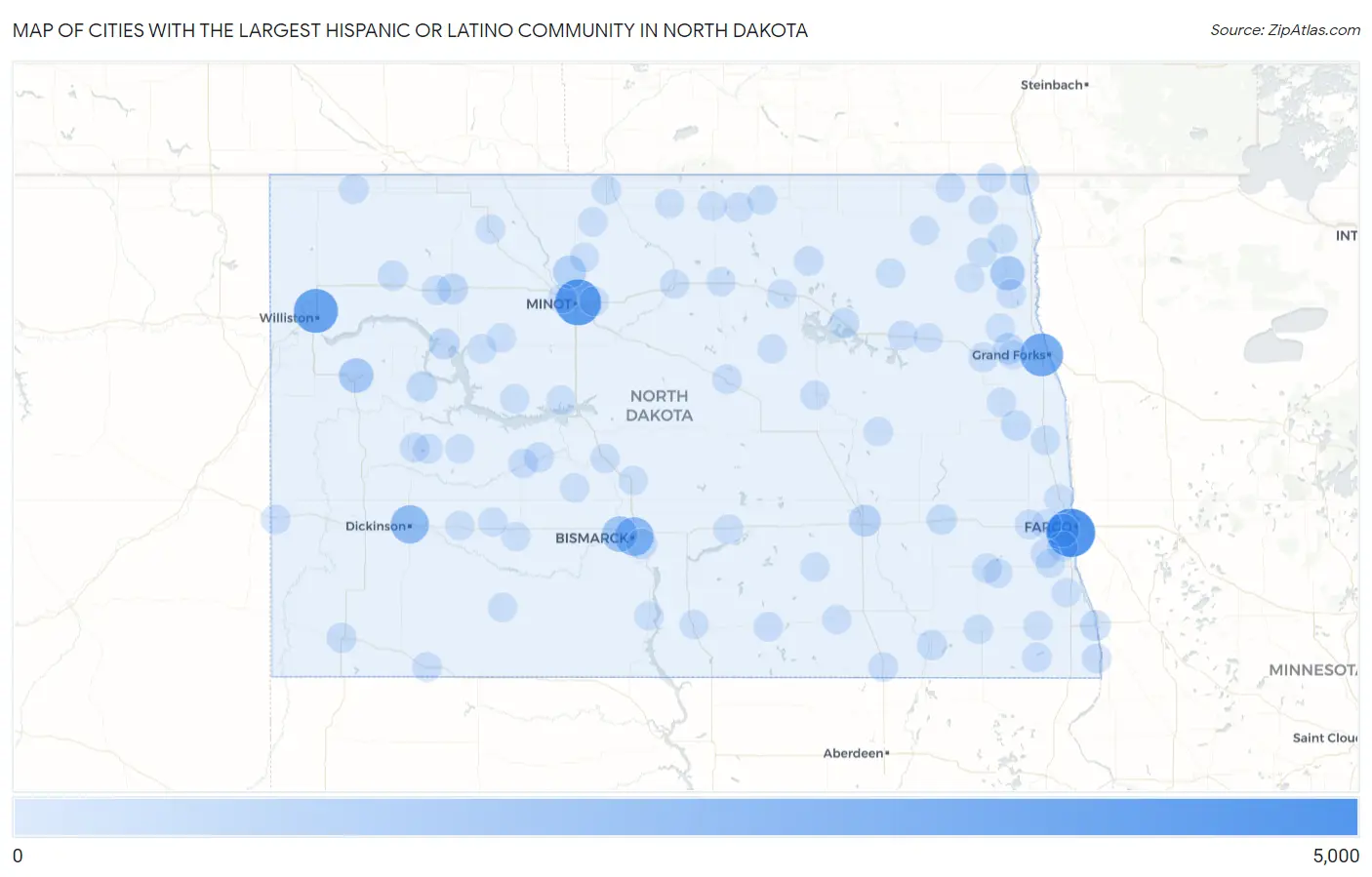 Cities with the Largest Hispanic or Latino Community in North Dakota Map