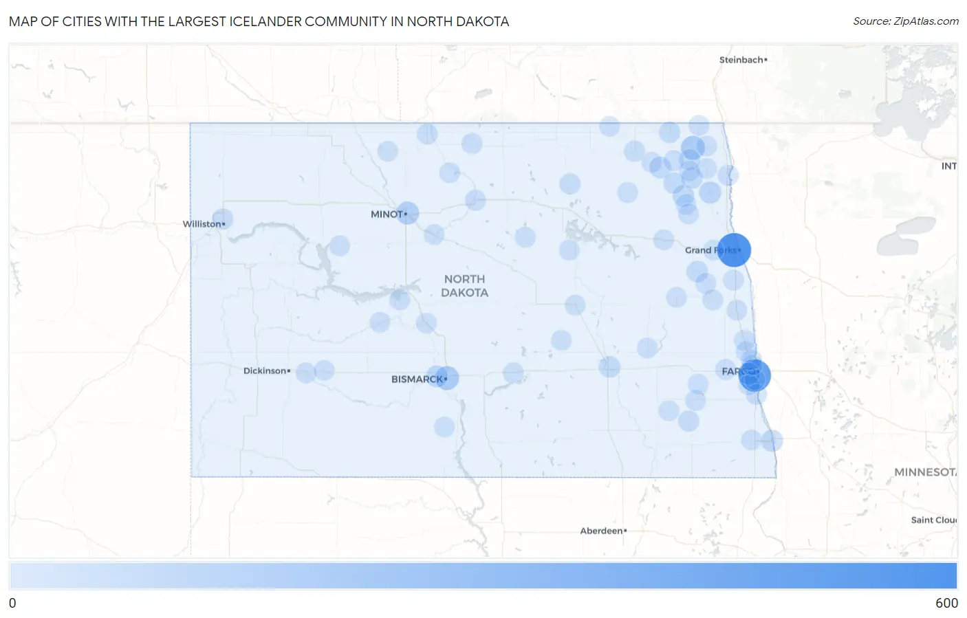Cities with the Largest Icelander Community in North Dakota Map