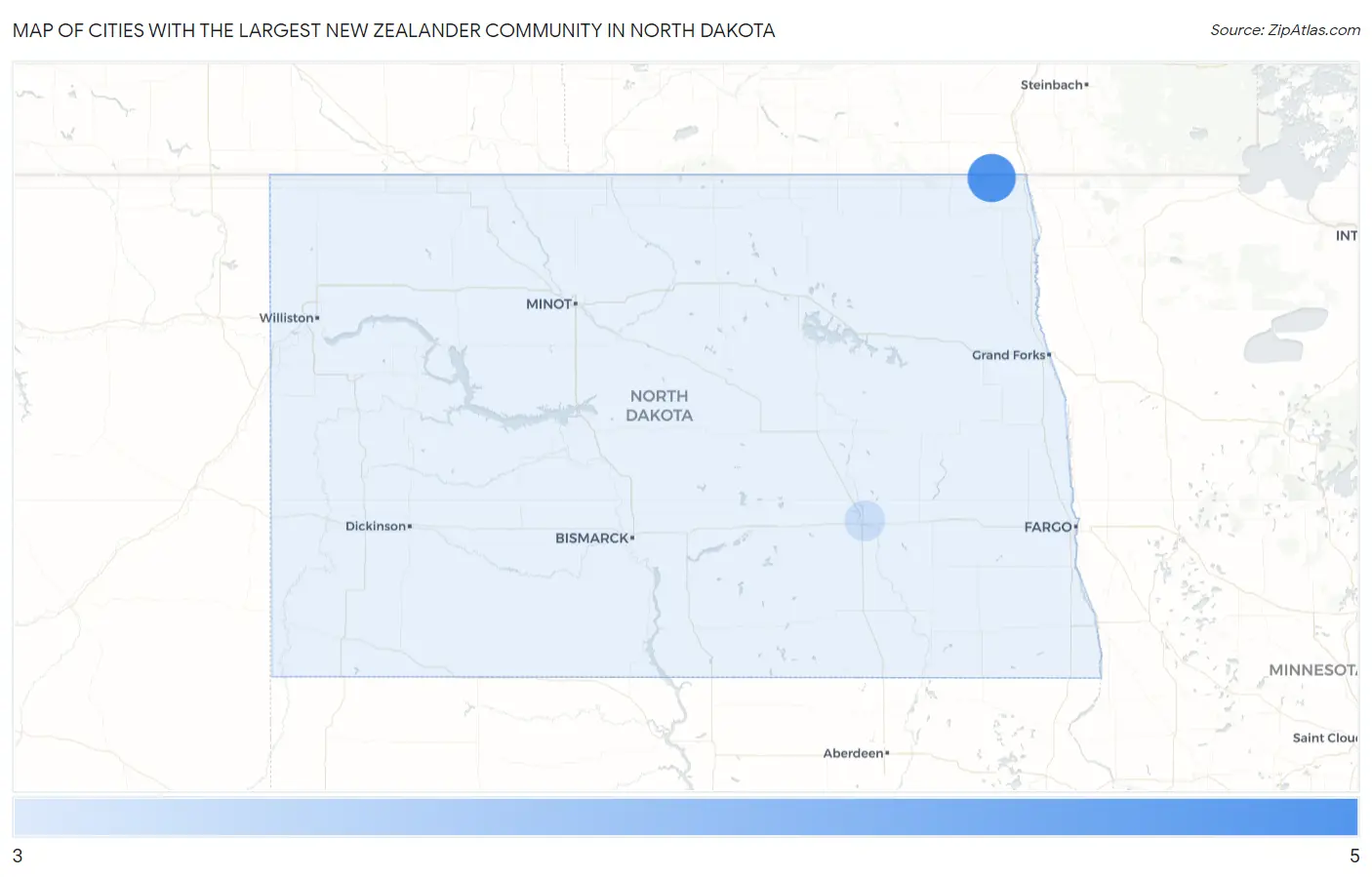 Cities with the Largest New Zealander Community in North Dakota Map