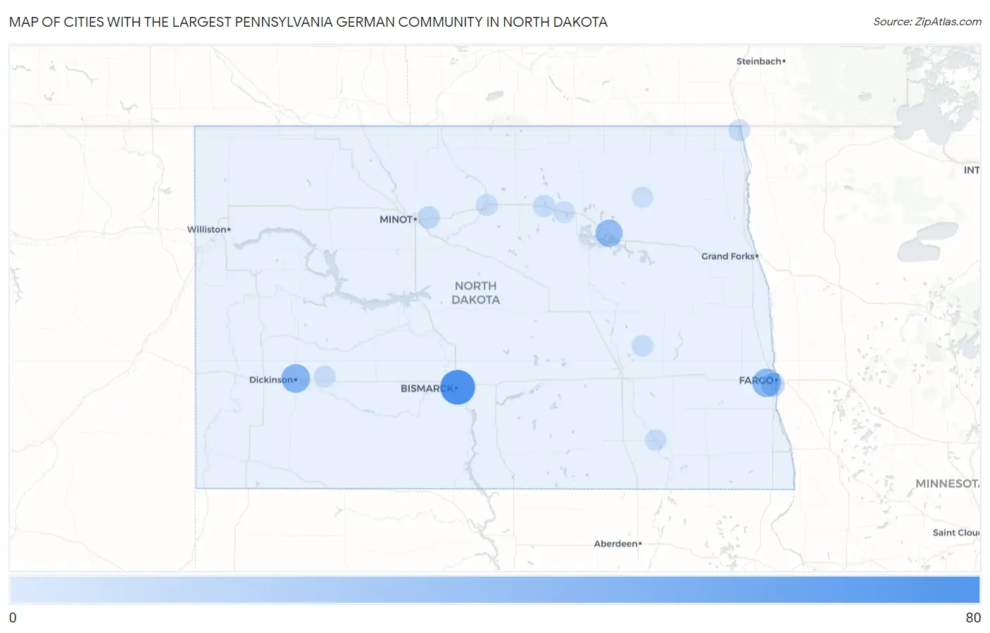 Cities with the Largest Pennsylvania German Community in North Dakota Map