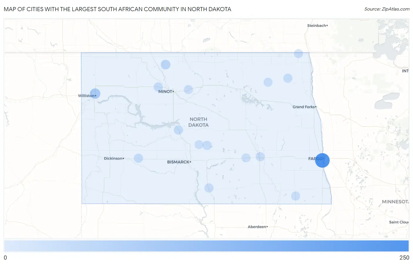 Cities with the Largest South African Community in North Dakota Map