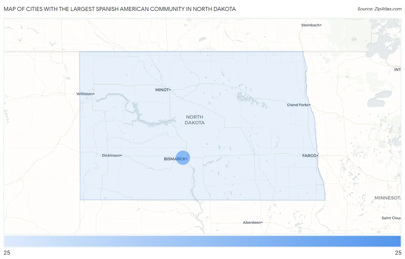 Cities with the Largest Spanish American Community in North Dakota Map