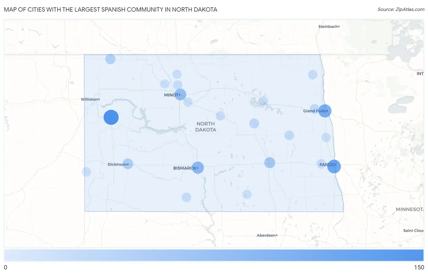 Cities with the Largest Spanish Community in North Dakota Map