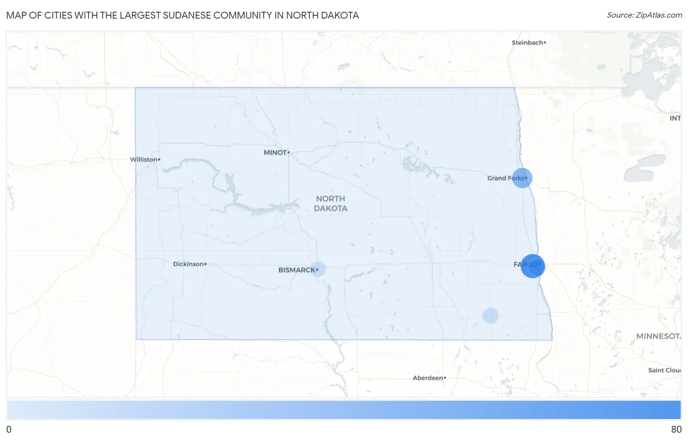 Cities with the Largest Sudanese Community in North Dakota Map