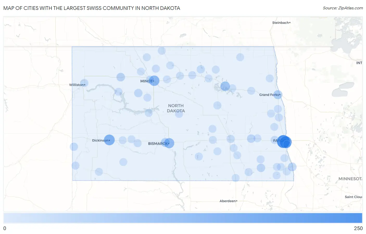 Cities with the Largest Swiss Community in North Dakota Map