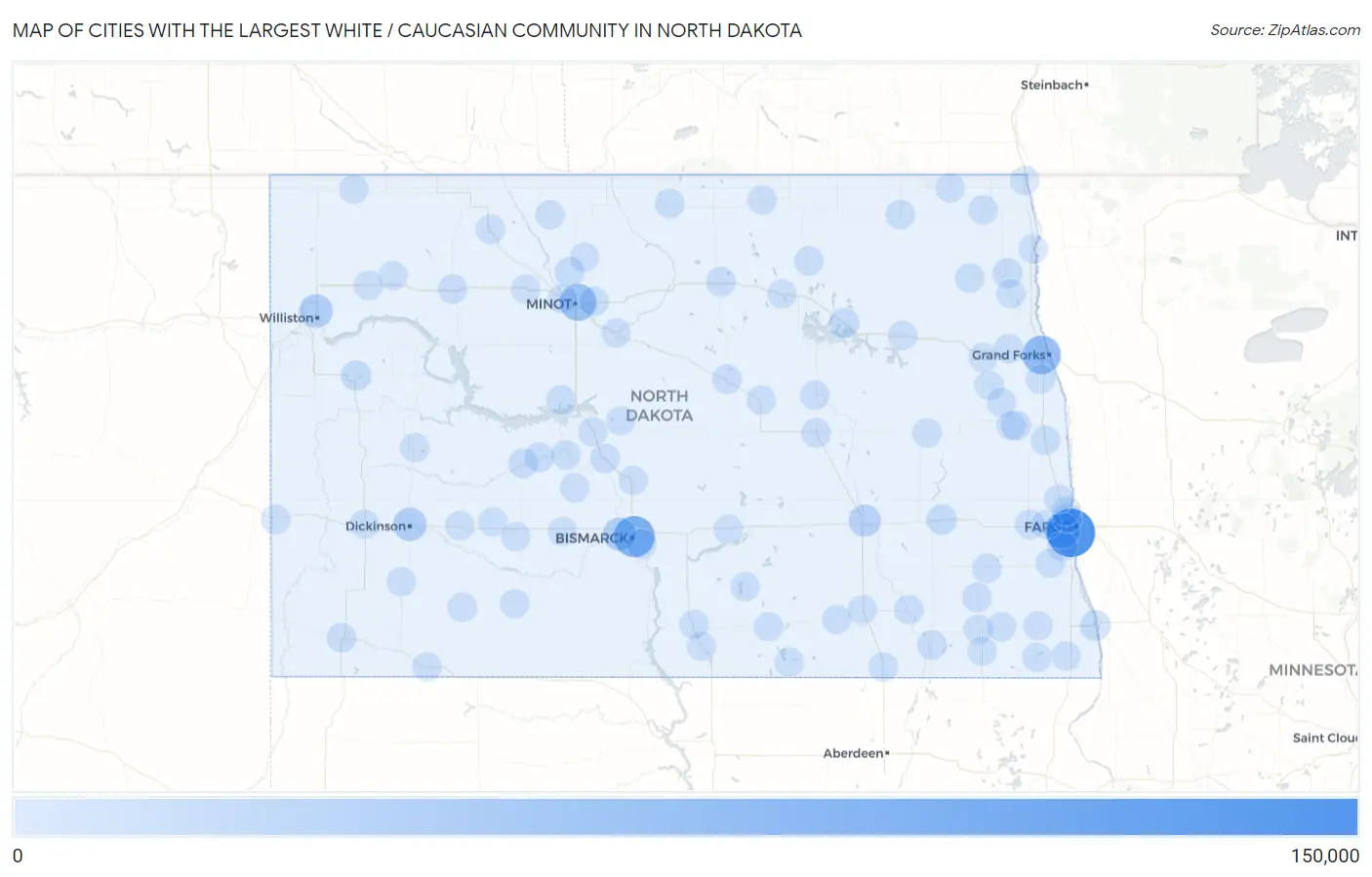 Cities with the Largest White / Caucasian Community in North Dakota Map