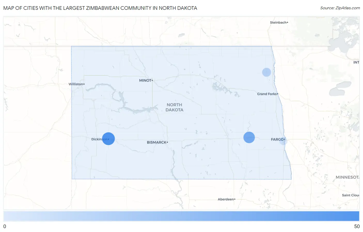 Cities with the Largest Zimbabwean Community in North Dakota Map