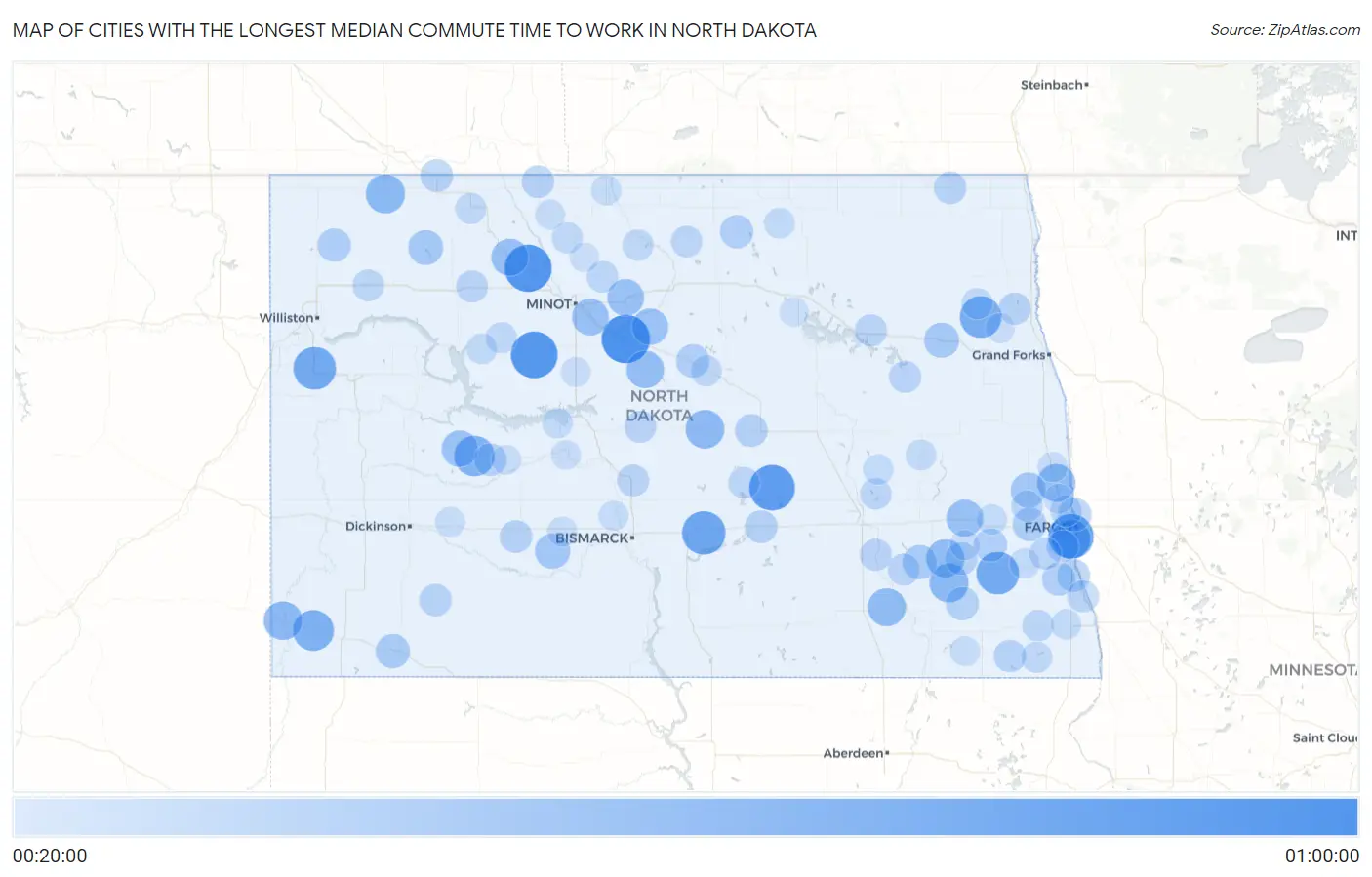 Cities with the Longest Median Commute Time to Work in North Dakota Map