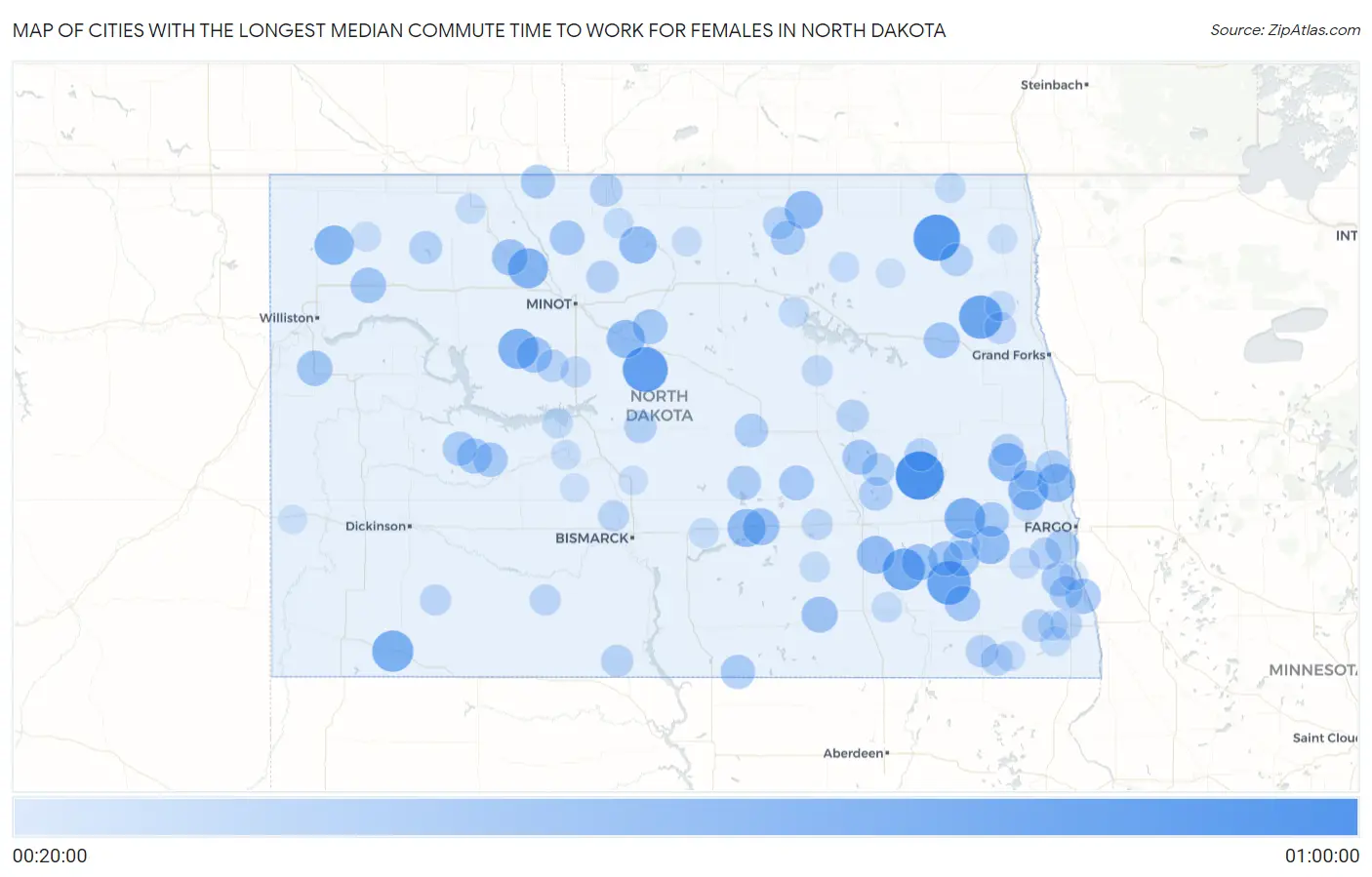 Cities with the Longest Median Commute Time to Work for Females in North Dakota Map