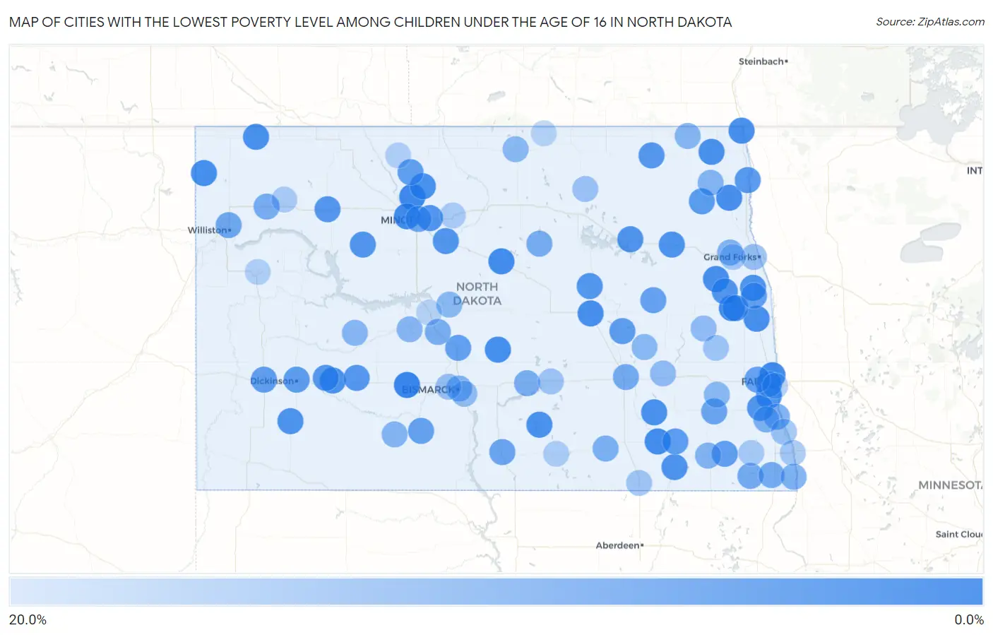 Cities with the Lowest Poverty Level Among Children Under the Age of 16 in North Dakota Map
