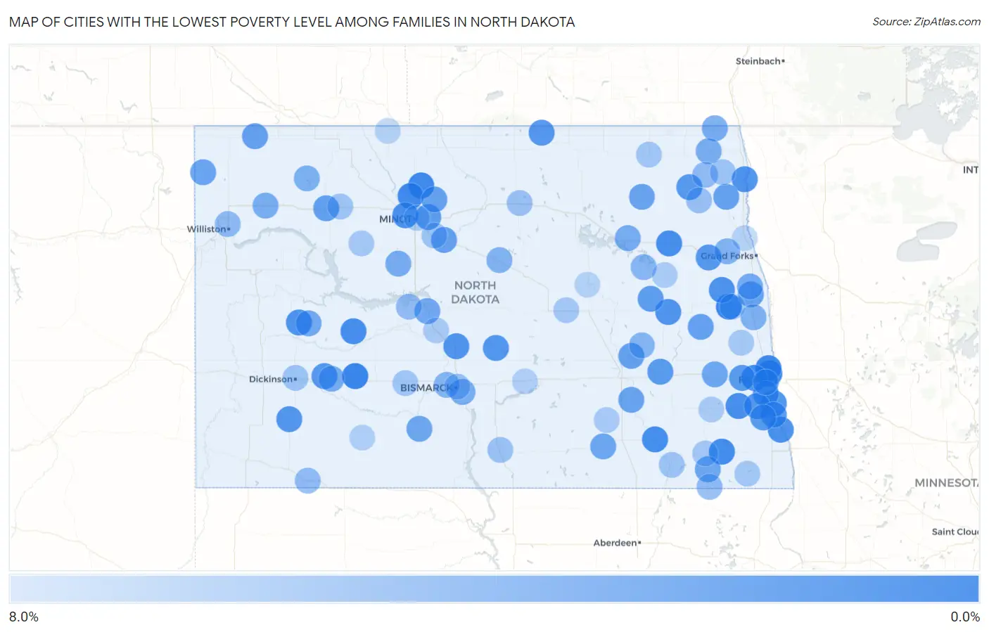 Cities with the Lowest Poverty Level Among Families in North Dakota Map