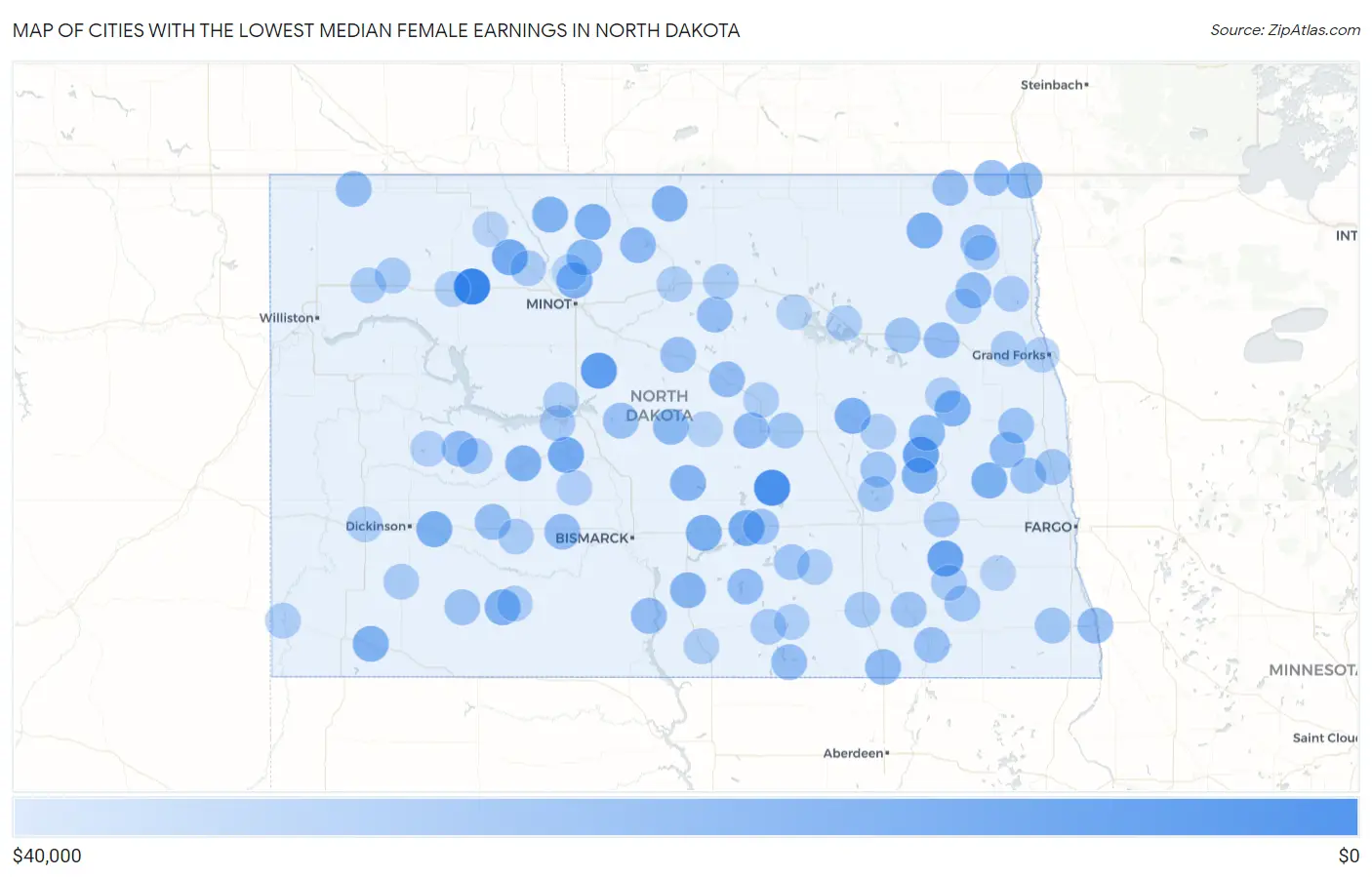 Cities with the Lowest Median Female Earnings in North Dakota Map