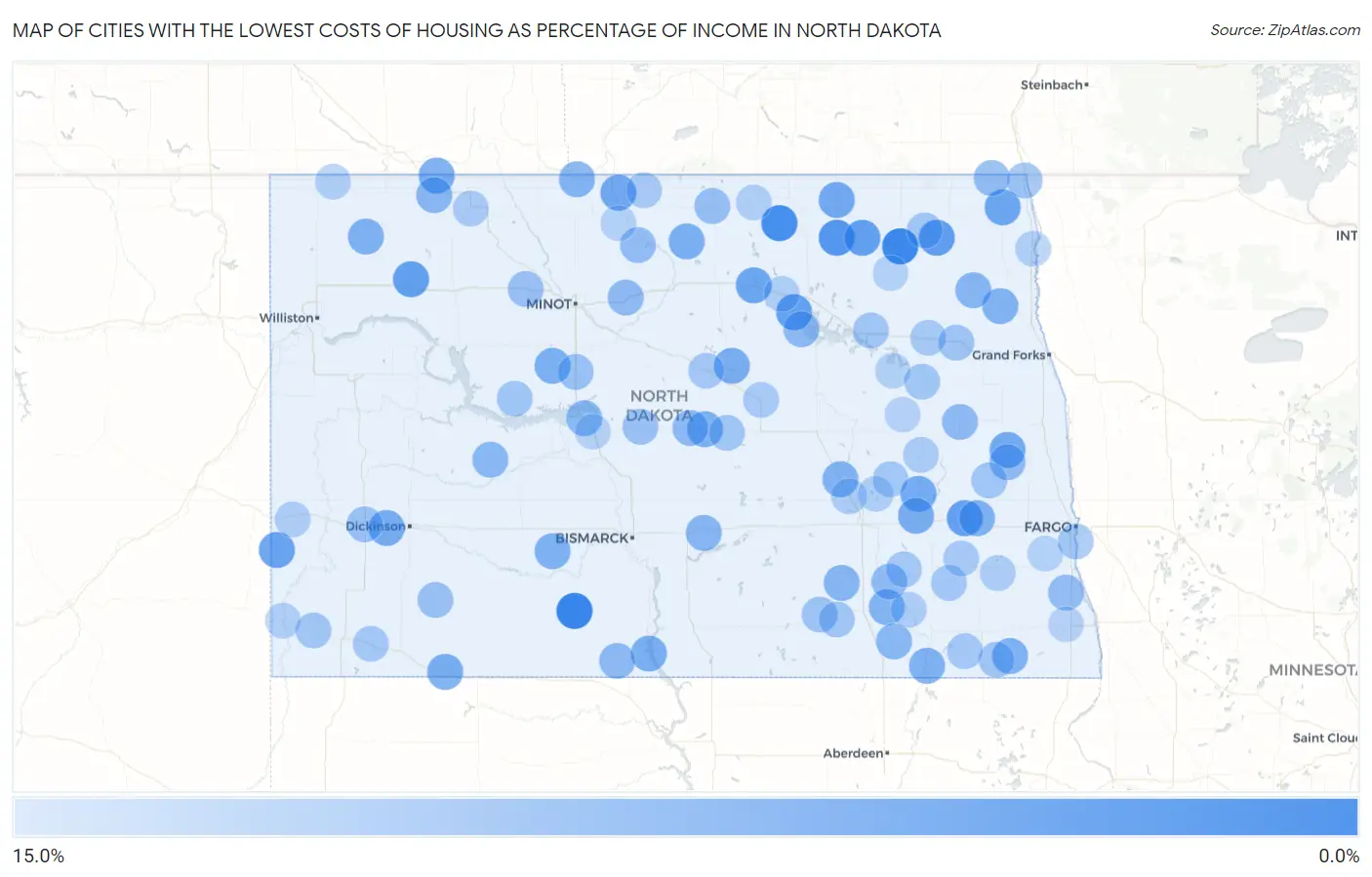 Cities with the Lowest Costs of Housing as Percentage of Income in North Dakota Map