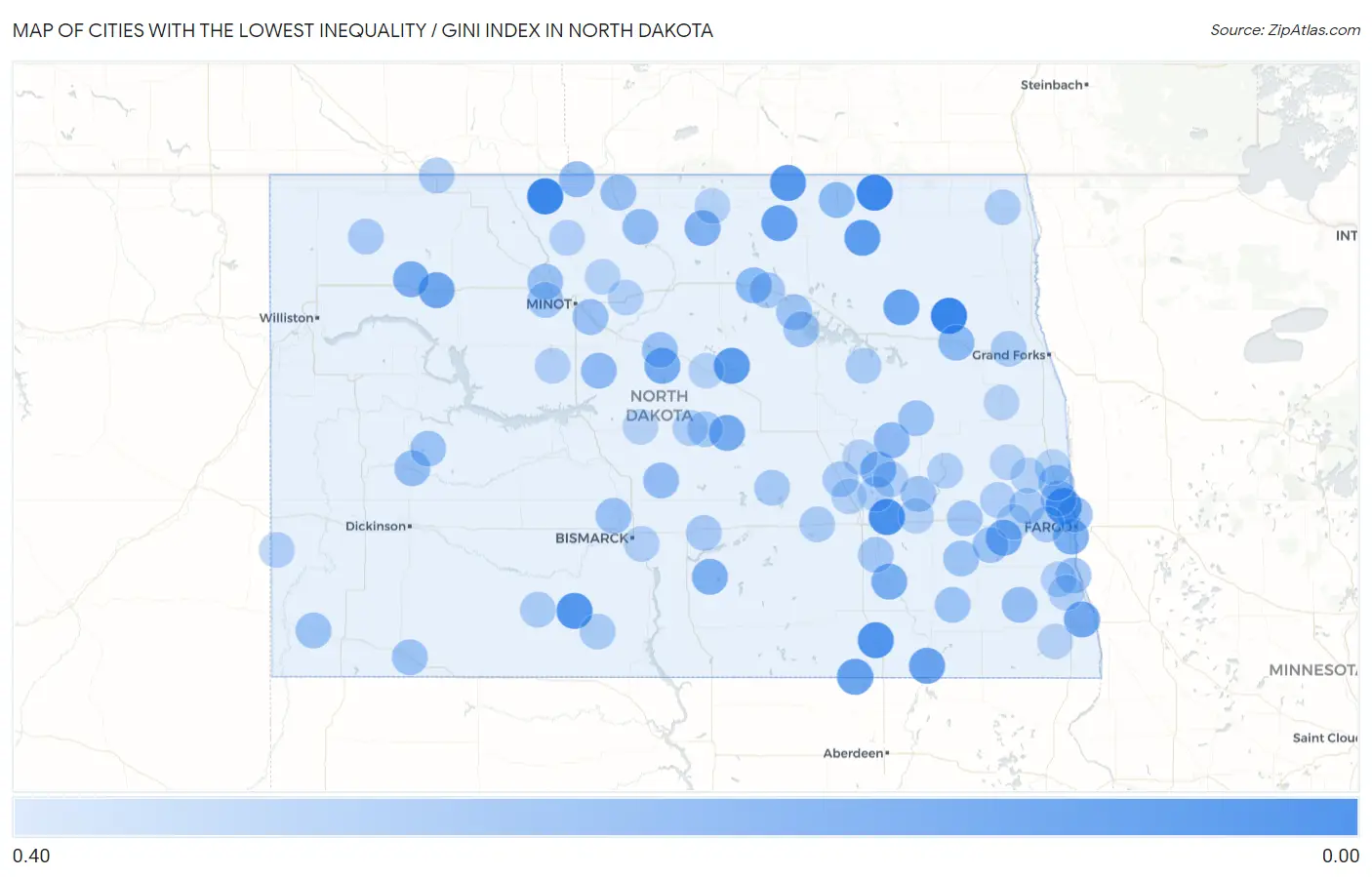 Cities with the Lowest Inequality / Gini Index in North Dakota Map