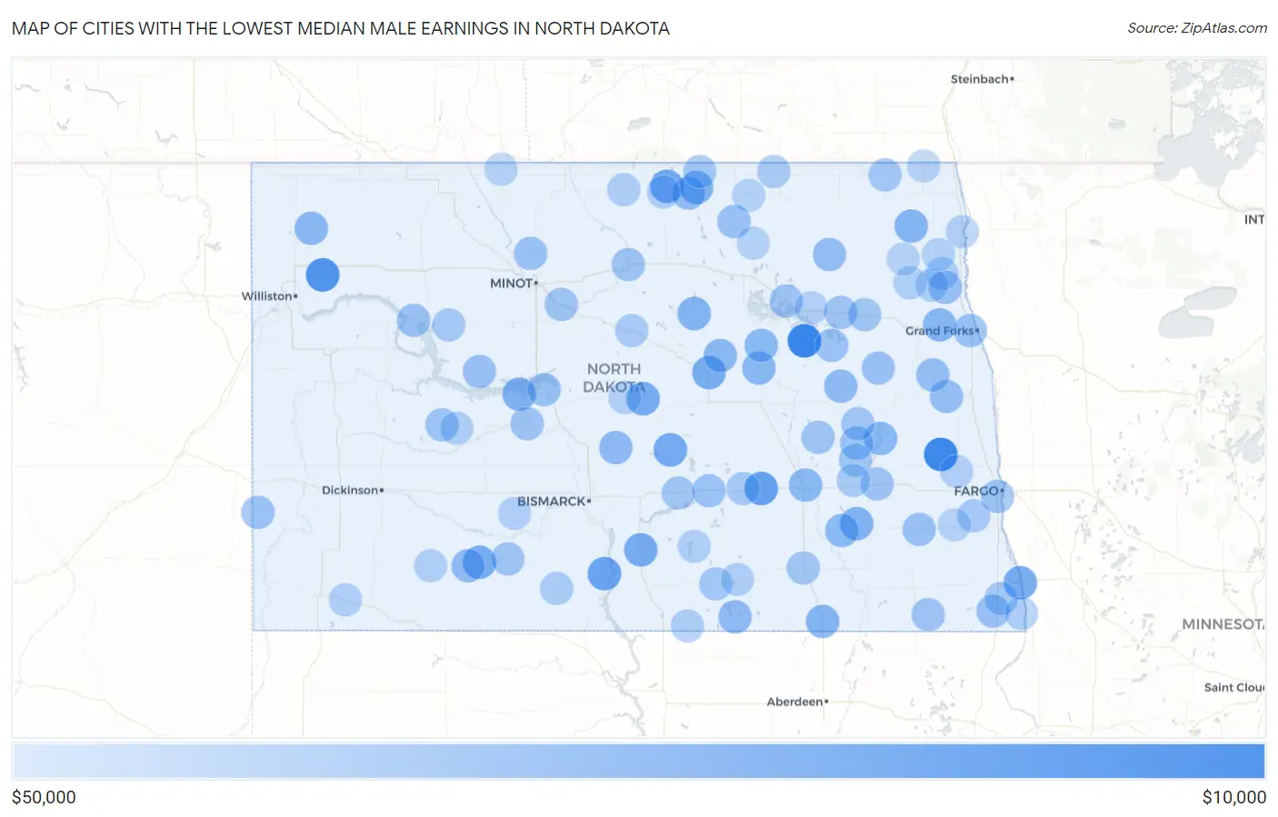 Cities with the Lowest Median Male Earnings in North Dakota Map
