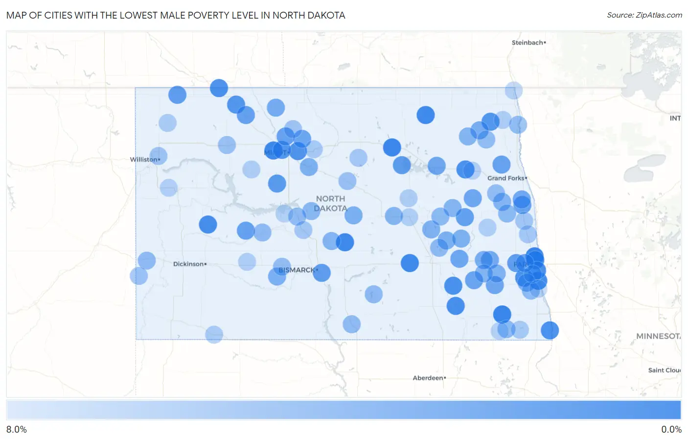 Cities with the Lowest Male Poverty Level in North Dakota Map