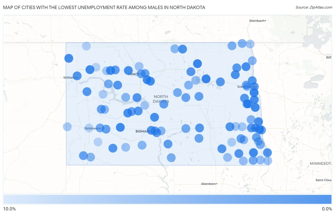 Cities with the Lowest Unemployment Rate Among Males in North Dakota Map