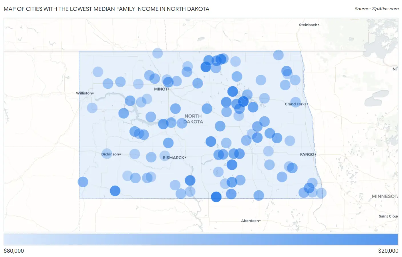 Cities with the Lowest Median Family Income in North Dakota Map
