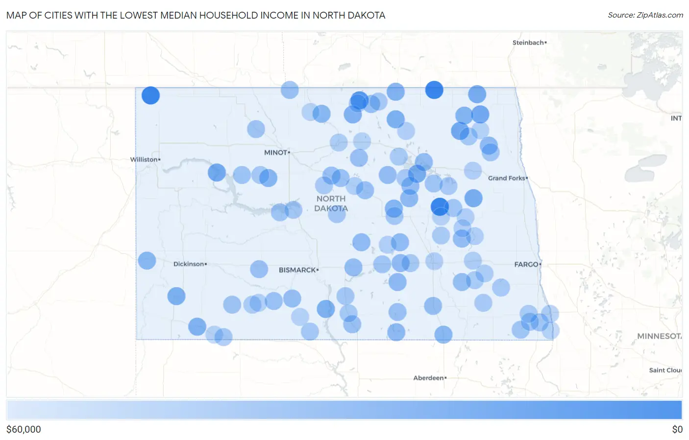 Cities with the Lowest Median Household Income in North Dakota Map