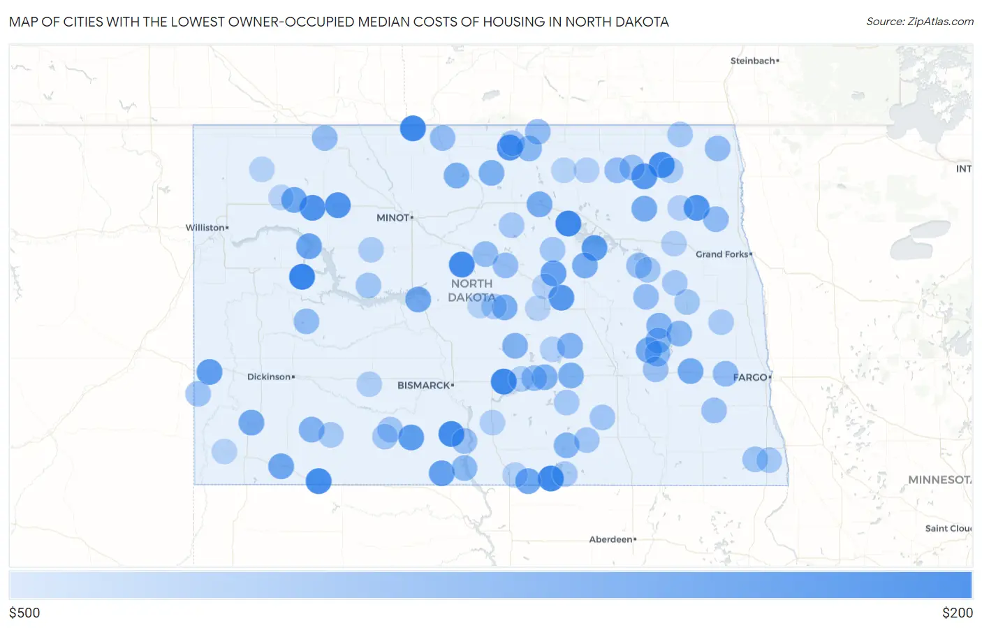 Cities with the Lowest Owner-Occupied Median Costs of Housing in North Dakota Map