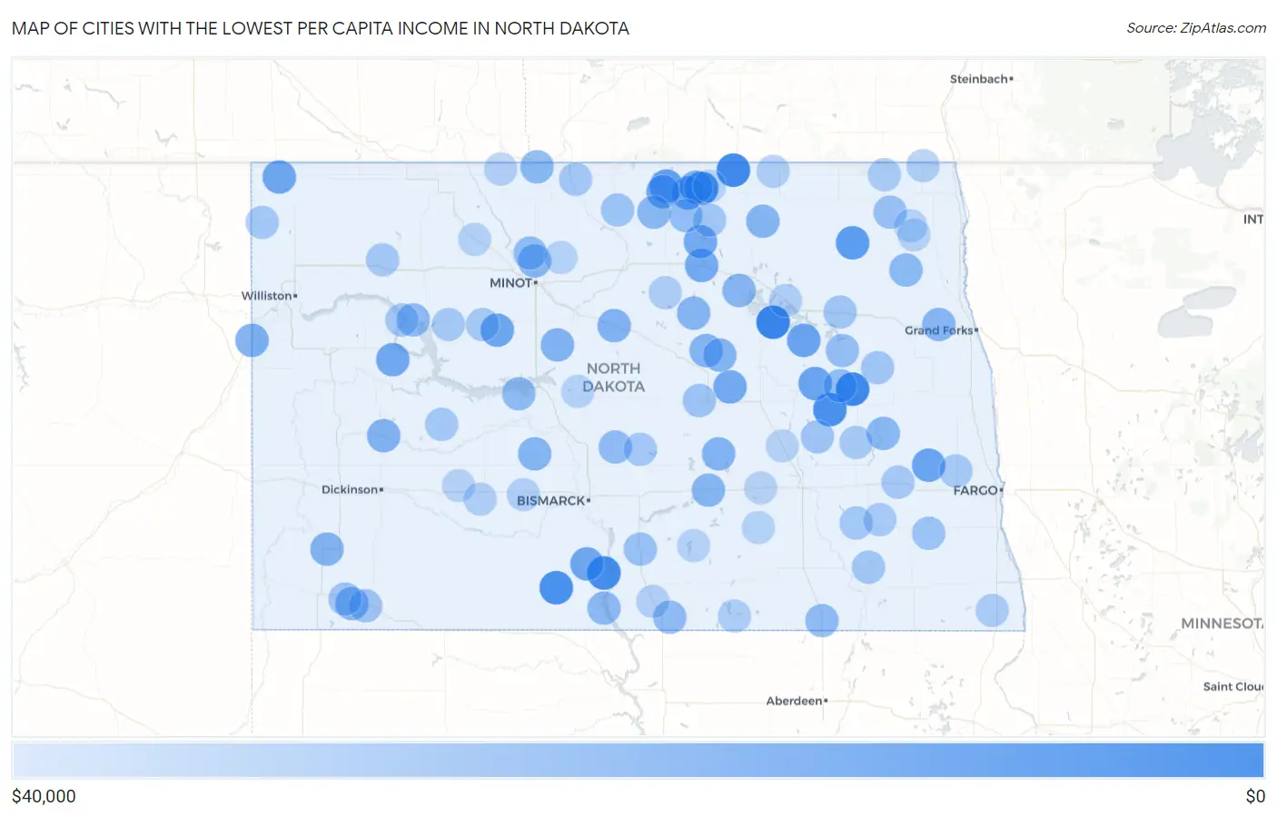 Cities with the Lowest Per Capita Income in North Dakota Map