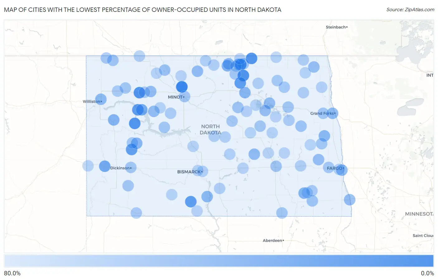 Cities with the Lowest Percentage of Owner-Occupied Units in North Dakota Map