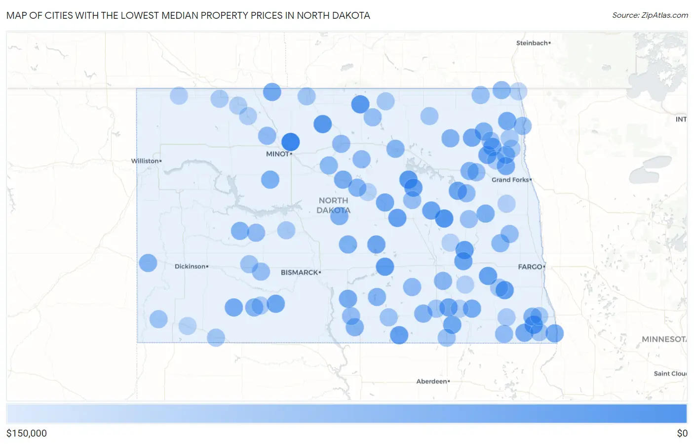 Cities with the Lowest Median Property Prices in North Dakota Map