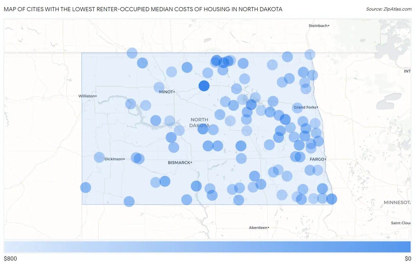 Cities with the Lowest Renter-Occupied Median Costs of Housing in North Dakota Map