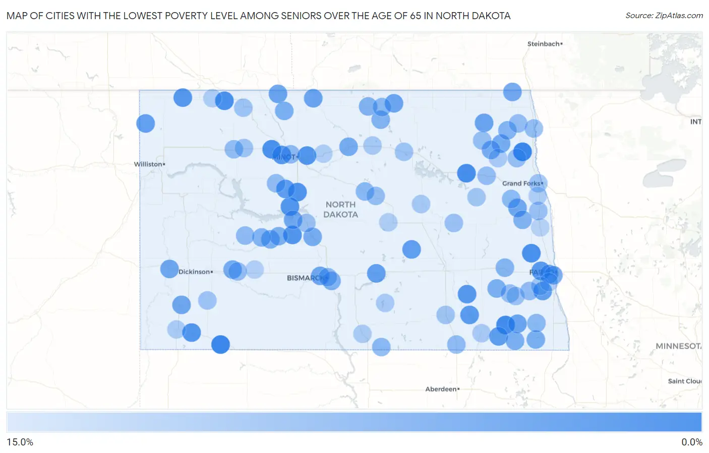 Cities with the Lowest Poverty Level Among Seniors Over the Age of 65 in North Dakota Map