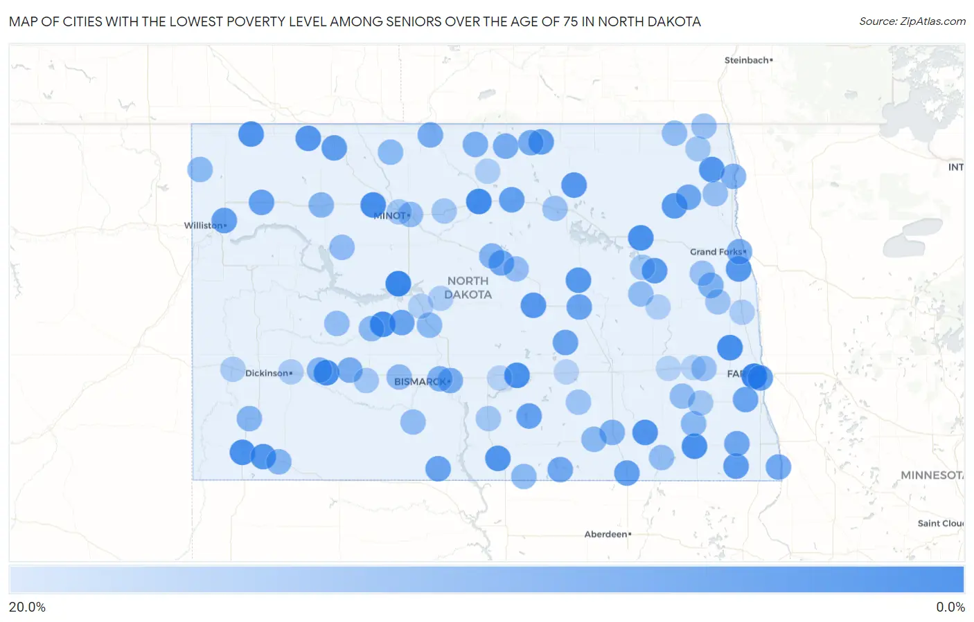 Cities with the Lowest Poverty Level Among Seniors Over the Age of 75 in North Dakota Map