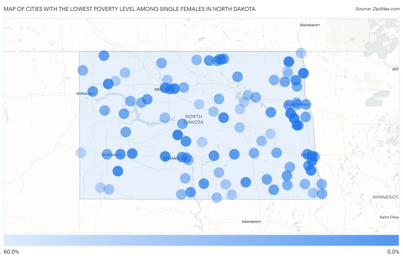 Cities with the Lowest Poverty Level Among Single Females in North Dakota Map