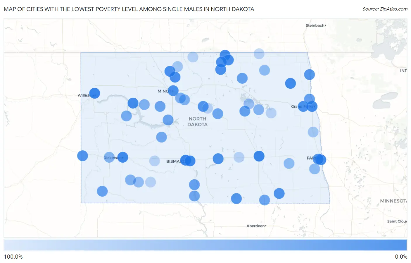 Cities with the Lowest Poverty Level Among Single Males in North Dakota Map