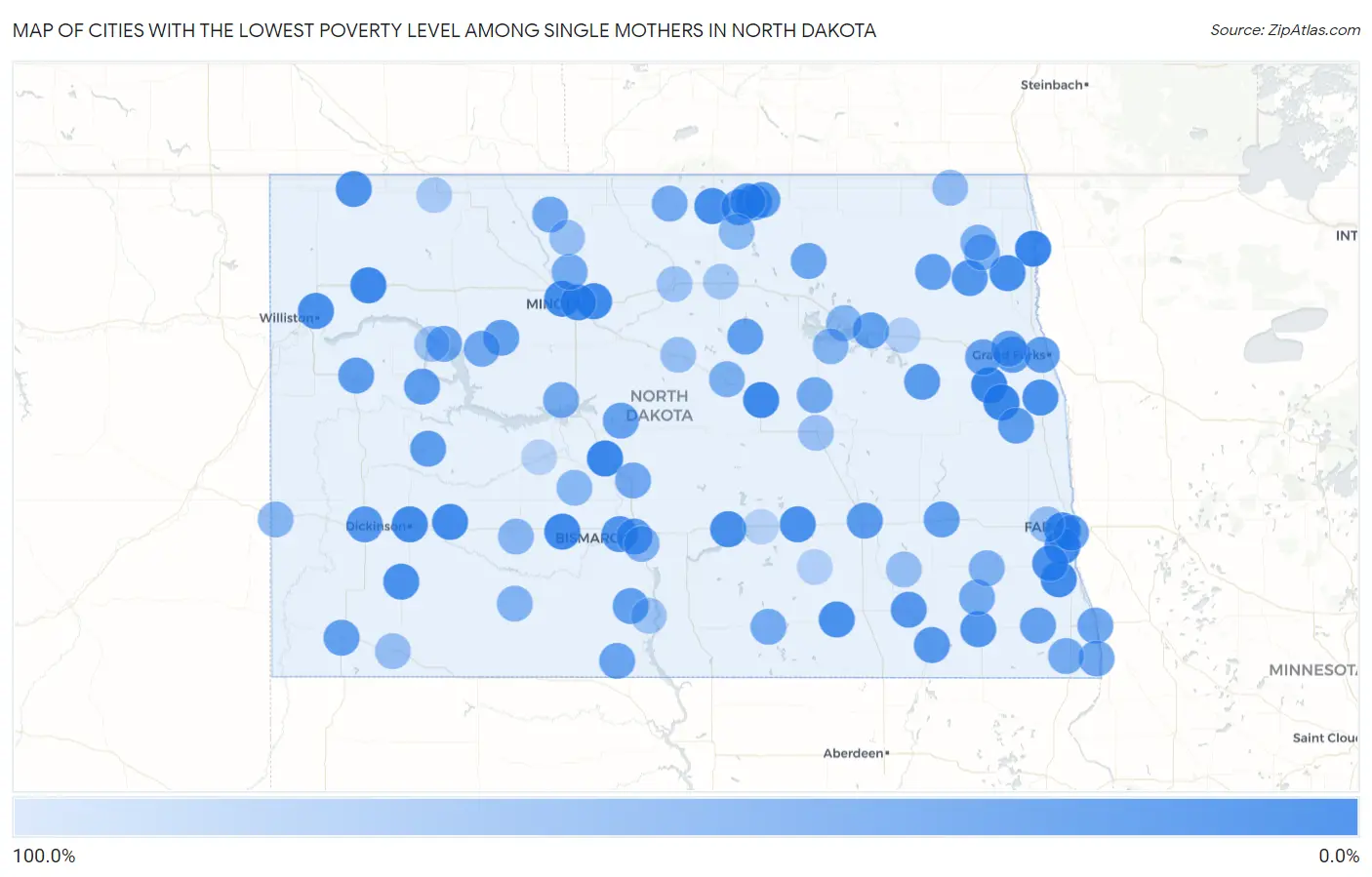 Cities with the Lowest Poverty Level Among Single Mothers in North Dakota Map