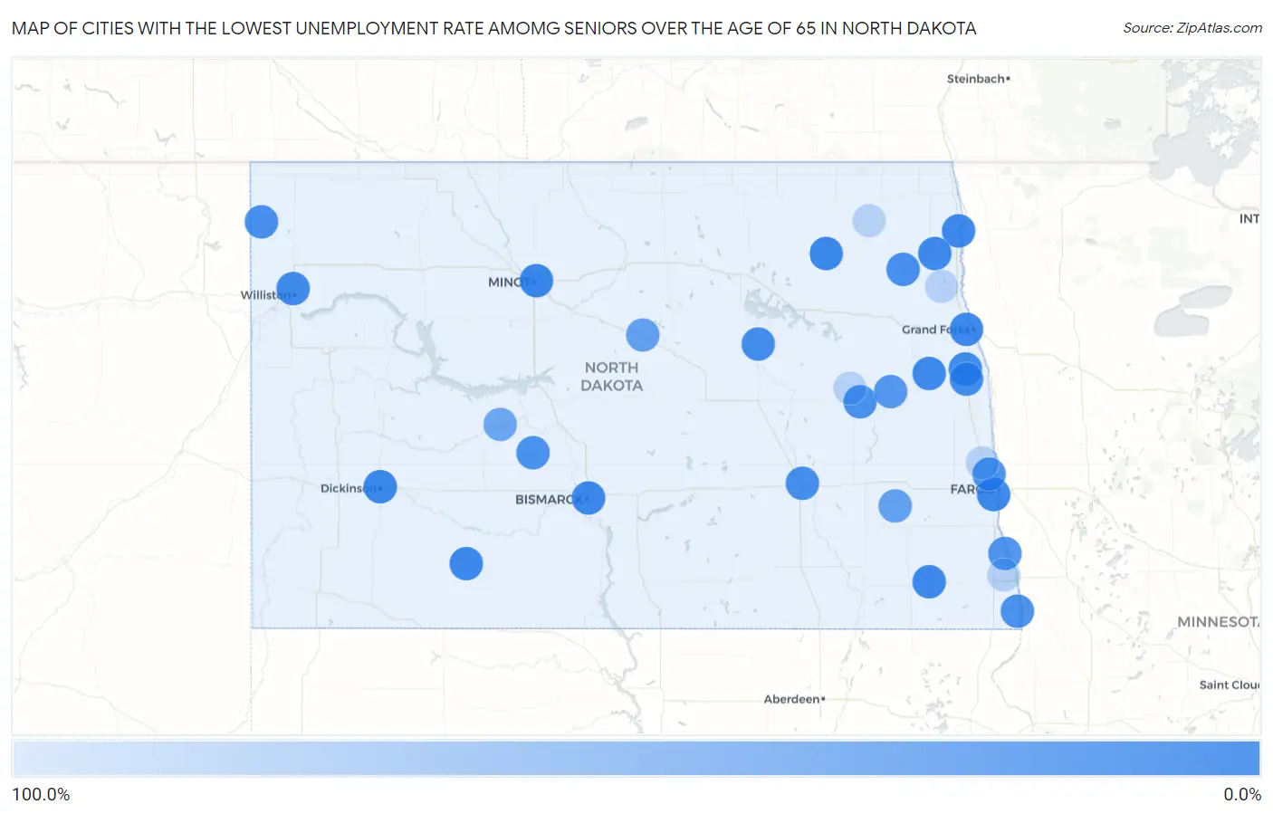 Cities with the Lowest Unemployment Rate Amomg Seniors Over the Age of 65 in North Dakota Map
