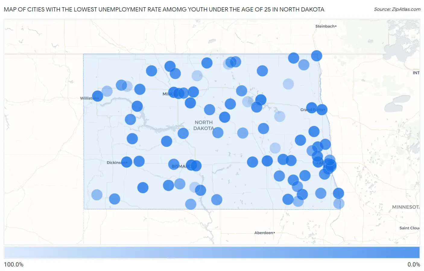 Cities with the Lowest Unemployment Rate Amomg Youth Under the Age of 25 in North Dakota Map