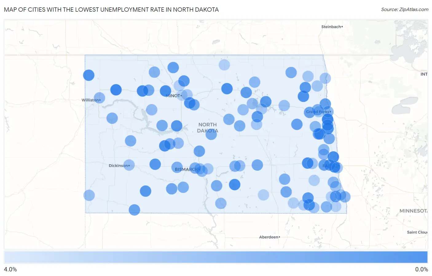 Cities with the Lowest Unemployment Rate in North Dakota Map