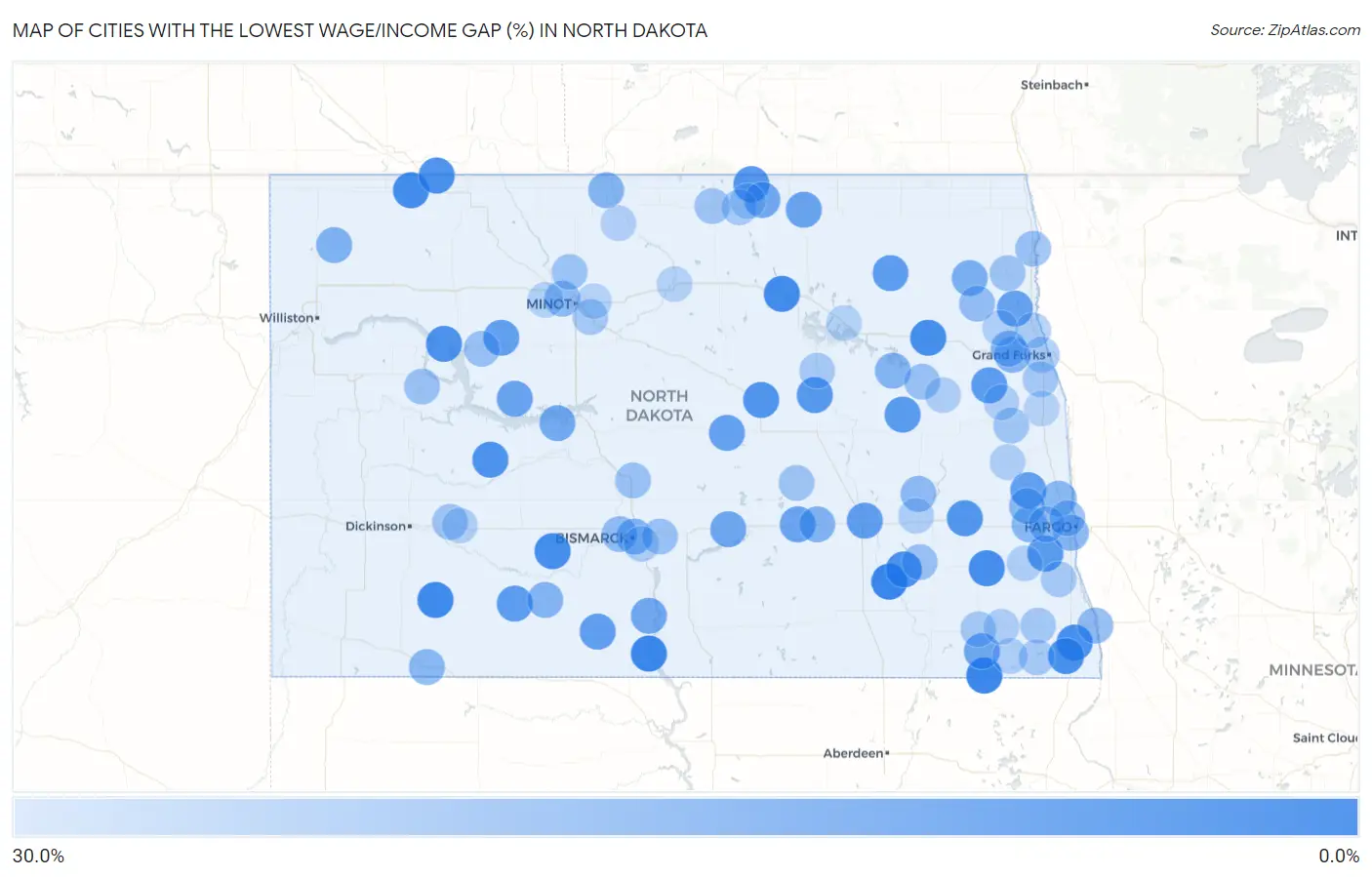 Cities with the Lowest Wage/Income Gap (%) in North Dakota Map